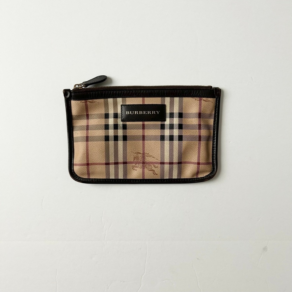 Burberry Haymarket Nova Check Pouch Coated Canvas Leather Trim Cosmetic Bag